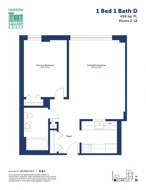 Floor plan for 1 bed, 1 bath, 636 sqft